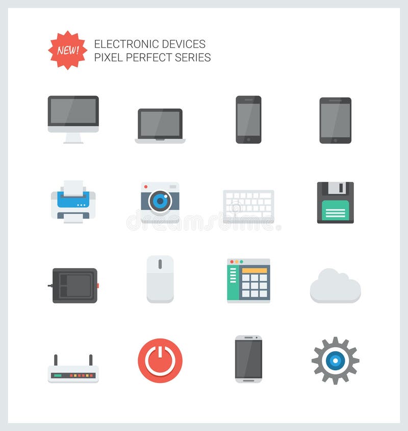 Pixel perfect flat icons set of computer technology and electronics devices, mobile phone communication and digital products. Flat design style modern pictogram collection. Isolated on white background. Pixel perfect flat icons set of computer technology and electronics devices, mobile phone communication and digital products. Flat design style modern pictogram collection. Isolated on white background.