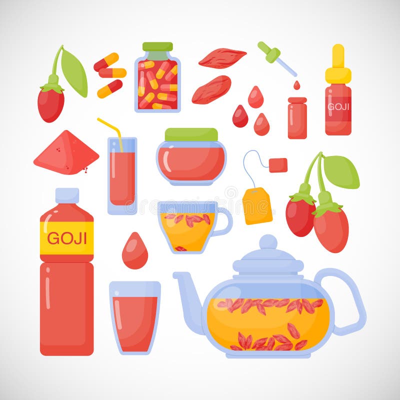 Icônes plates de baies de Goji réglées illustration stock Icônes plates de baies de Goji réglées illustration stock