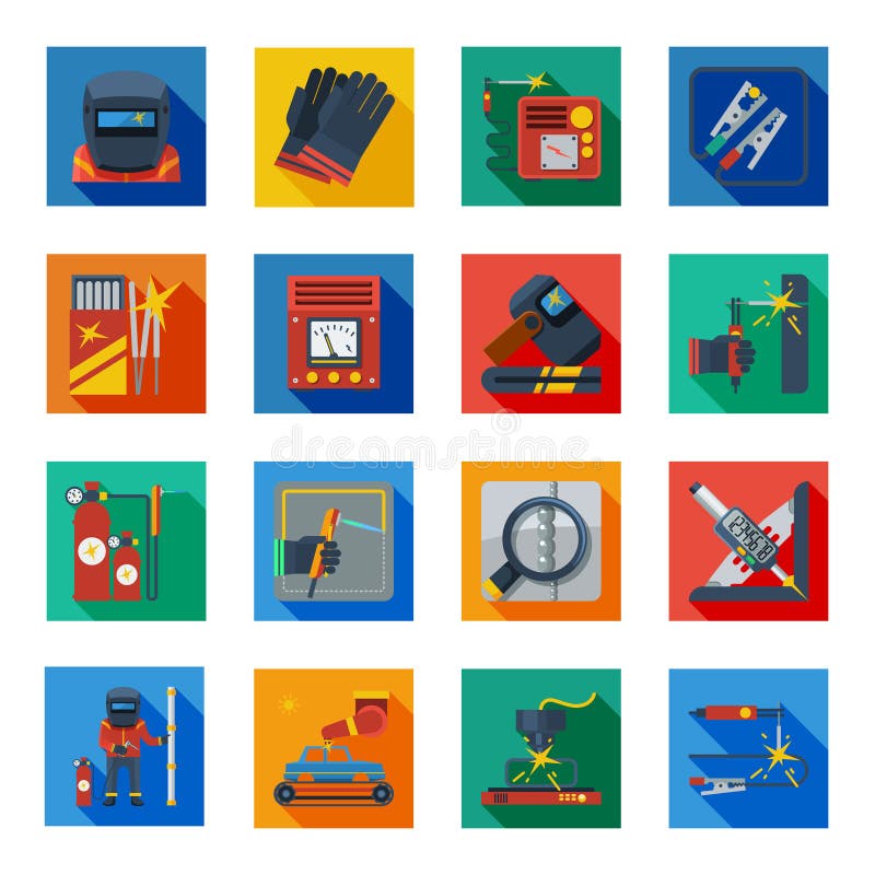 Icônes plates de soudure dans les places colorées illustration stock Icônes plates de soudure dans les places colorées illustration stock