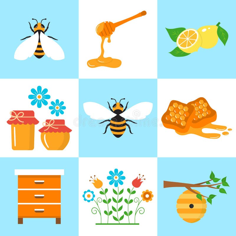 Icônes plates de vecteur de l'apiculture de miel réglées illustration de vecteur Icônes plates de vecteur de l'apiculture de miel réglées illustration de vecteur