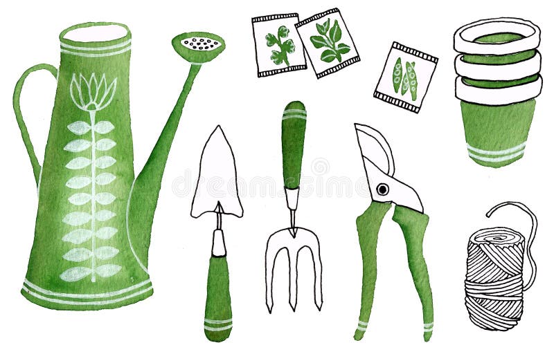 Icônes pour aquarelle d'outils de jardinage illustration stock Icônes pour aquarelle d'outils de jardinage illustration stock