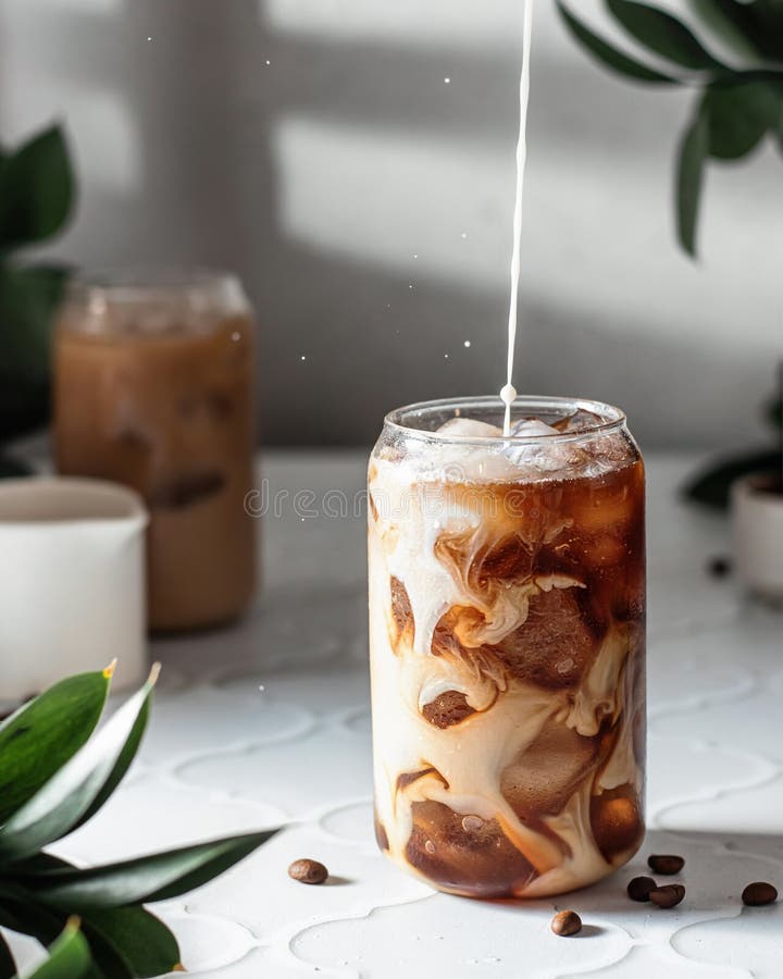 Ice Coffee with Milk Stains on White Backgrond . Pouring Process. Menu