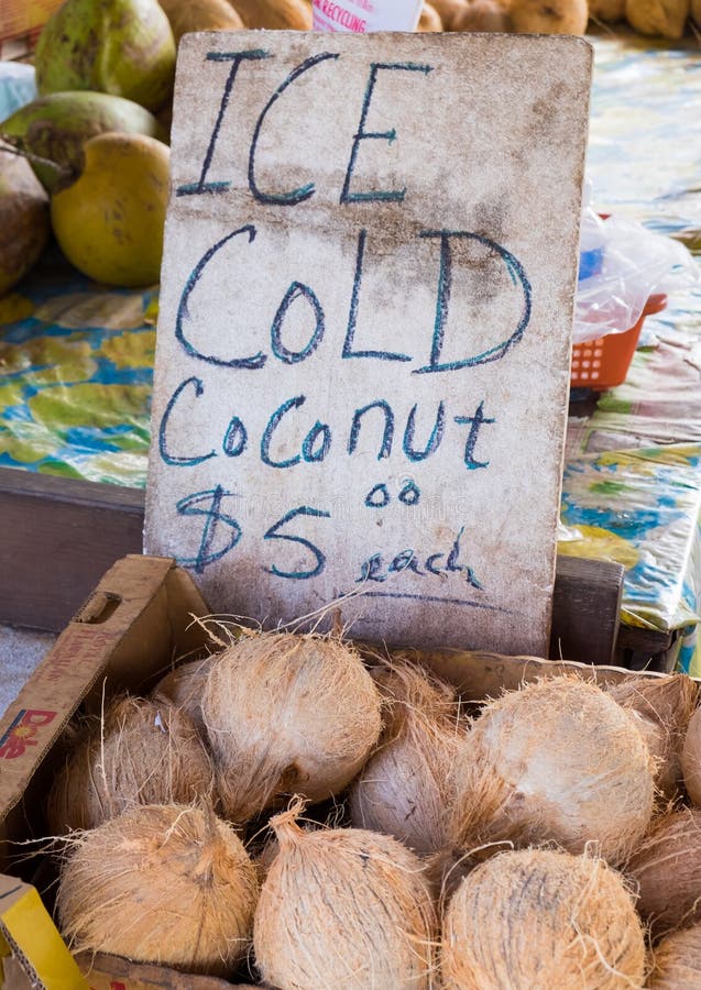 Ice Cold Coconuts at Farmer`s Market in Hawaii