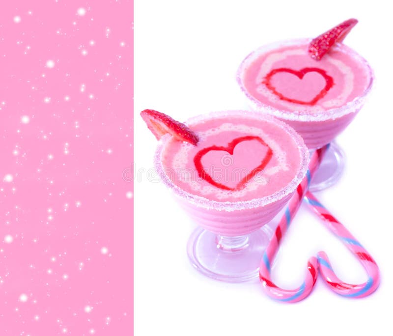 Picture of two glass cups pink ice cream with red heart-shaped decoration isolated on white background, colorful lollipop, strawberry's smoothie with sugar candy, Valentines day, romantic dessert