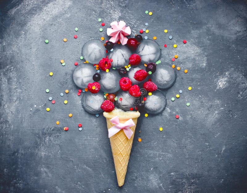 Ice cream association concept frozen berries and ice cream sugar sprinkles