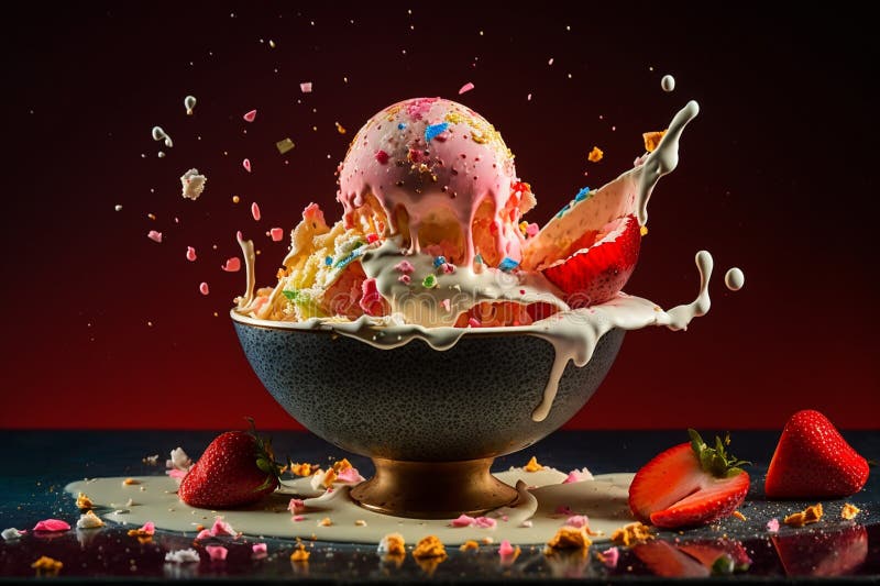 Ice Cream Bowl with Fruits Generative AÍ Stock Illustration