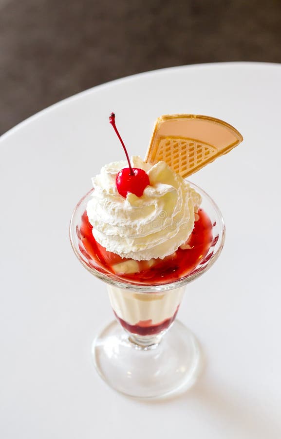 Ice cream with cherry and whipped cream