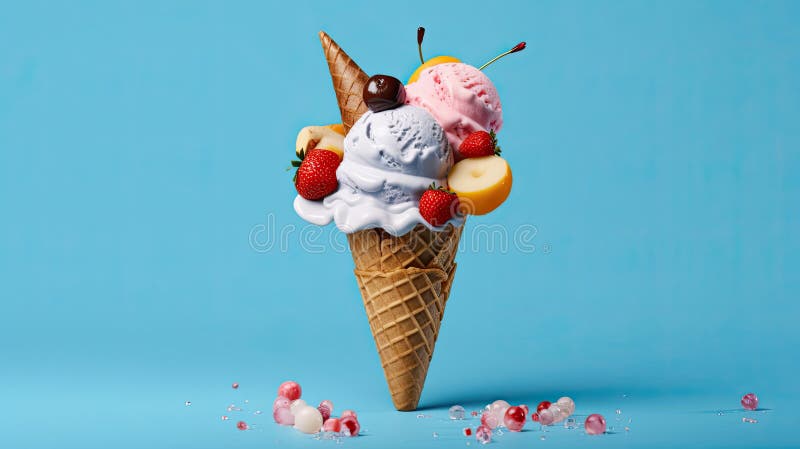 Ice Cream, Chocolate, vanilla and strawberry Ice cream in the cone on blue background. Generative Ai