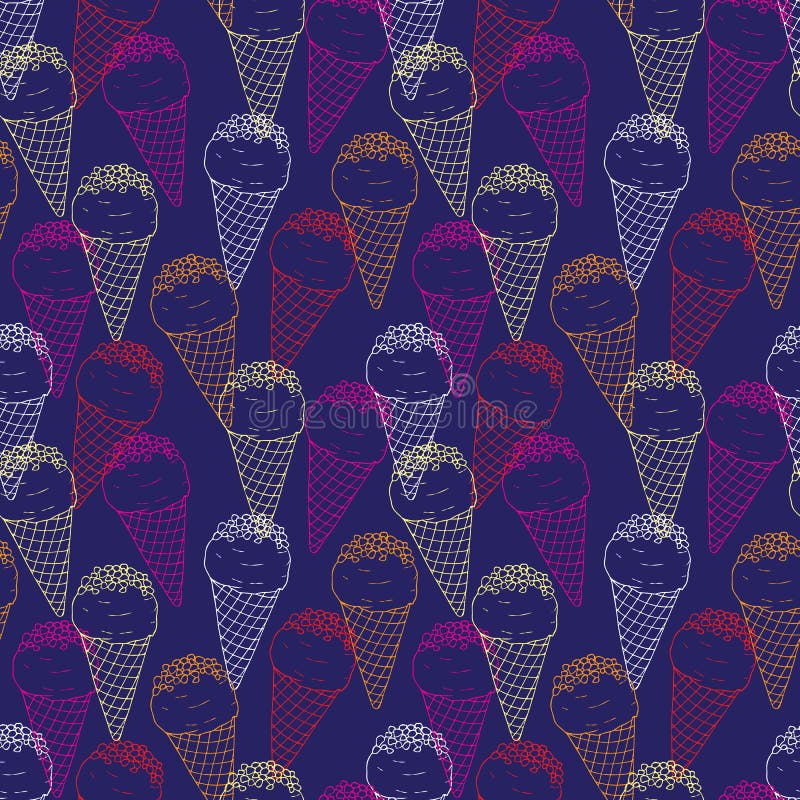 Ice cream colorful outline seamless pattern on dark blue background