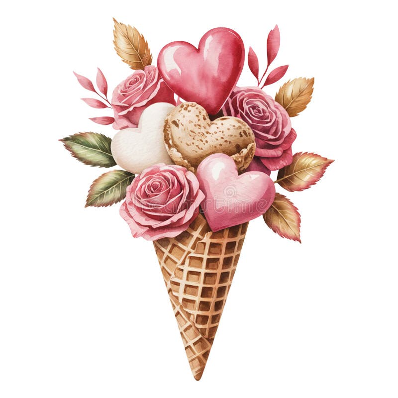 An ice cream cone is creatively filled with heart-shaped scoops and rosebuds royalty free illustration