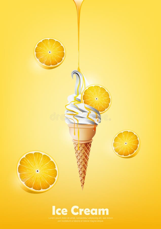 Ice cream in the cone, Pour lemon syrup and a lot of lemon background, transparent Vector