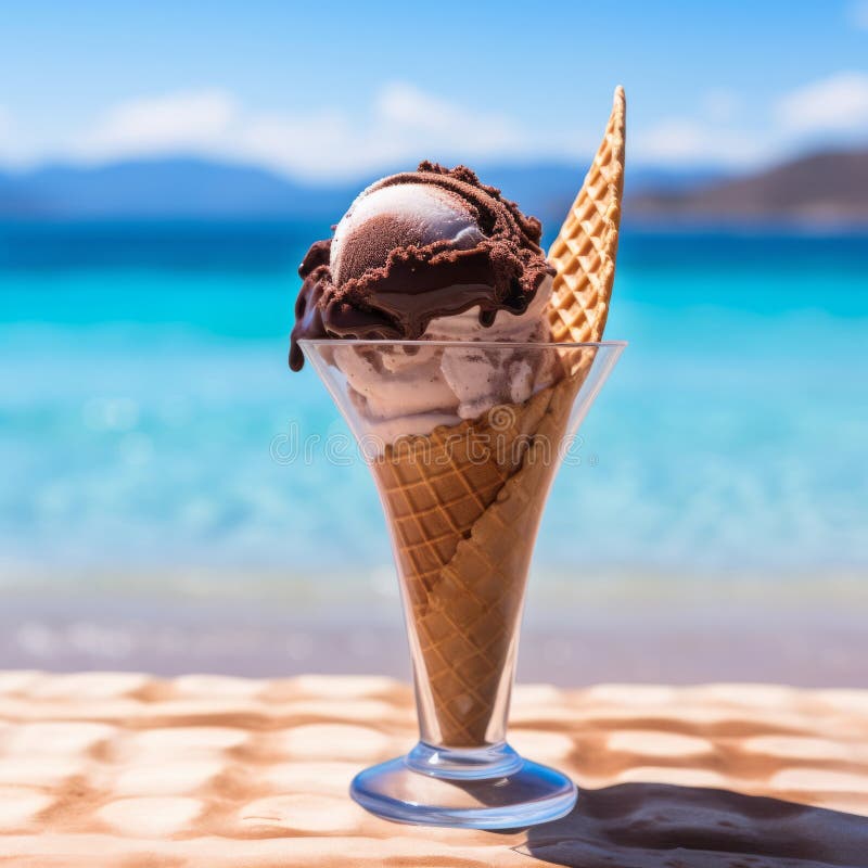 Ice cream cone standing on the beach decorated with flowers. Beautiful composition of sweet ice cream scoops in an edible cone stock illustration