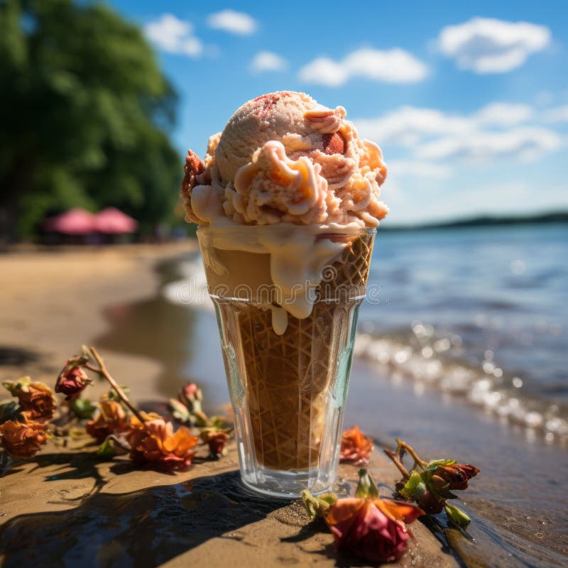 Ice cream cone standing on the beach decorated with flowers. Beautiful composition of sweet ice cream scoops in an edible cone stock illustration