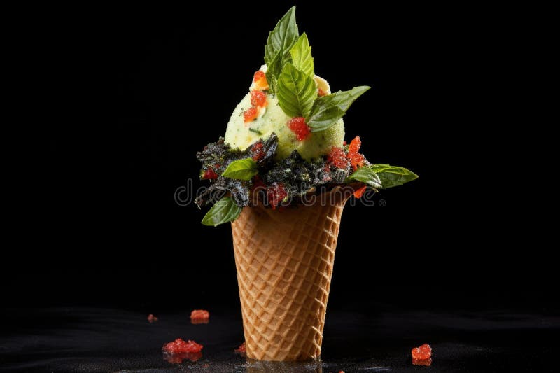 An ice cream cone topped with basil and pepper flavor stock photography