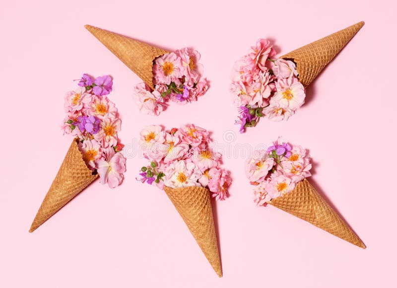 Ice Cream Cones with Beautiful Flowers Stock Photo Image of color
