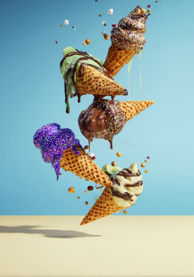Ice cream cones captured mid-flight, dripping vibrant toppings stock image