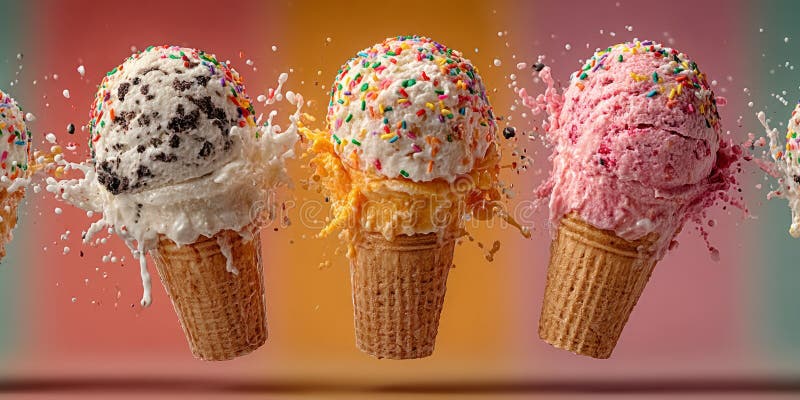 Ice cream cones captured mid-flight, dripping vibrant toppings stock photos