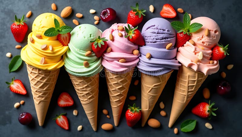Ice cream cones dessert strawberry mint cherry almond sweet frozen treat delicious colorful yummy food vector illustration