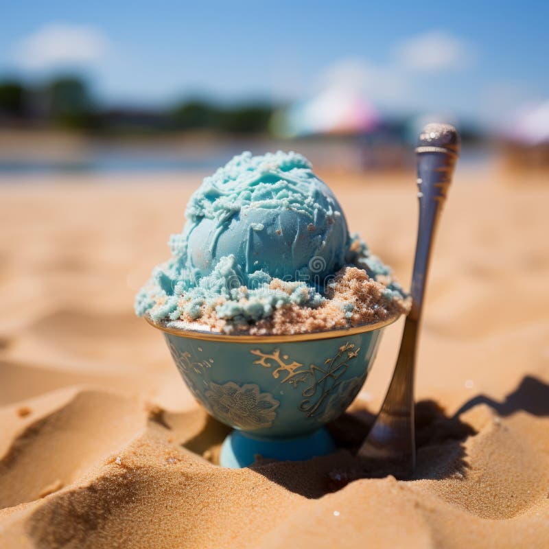 Ice cream in a dessert glass standing on the beach. Beautiful composition of sweet ice cream scoops in a bowl on a sunny summer royalty free illustration
