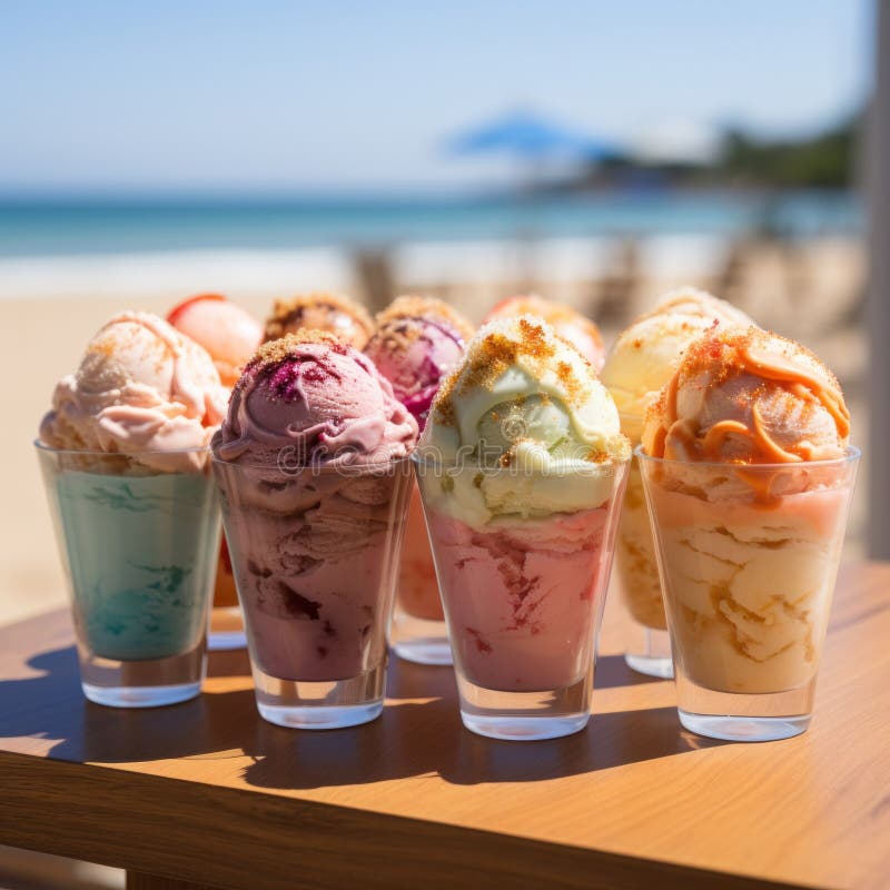 Ice cream in dessert glasses standing on the beach. Beautiful composition of sweet ice cream scoops in bowls on a sunny summer day stock illustration