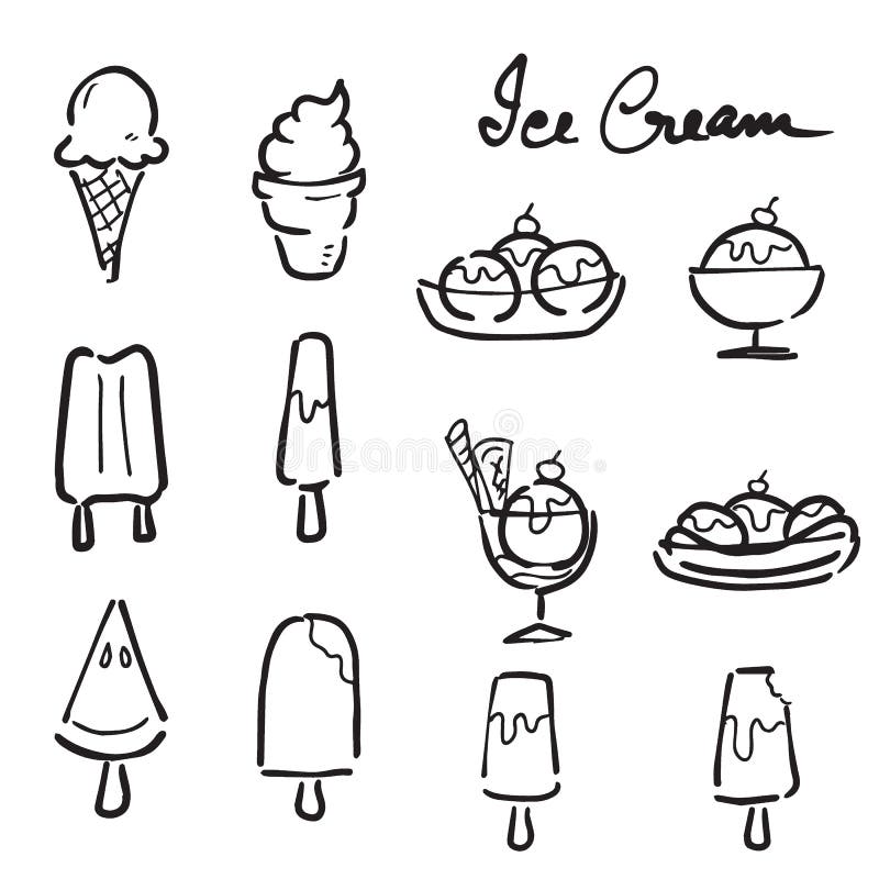 Ice cream doodle icons set stock illustration. Illustration of frozen -  78134701
