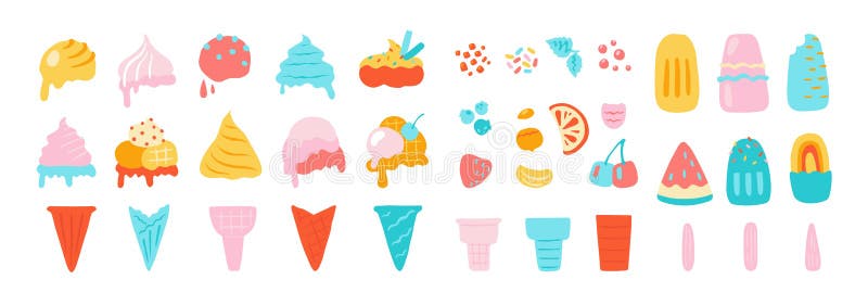 Ice cream elements. Waffle cons with sundae, chocolate vanilla and other ice cream balls, nuts strawberry and mint stock illustration
