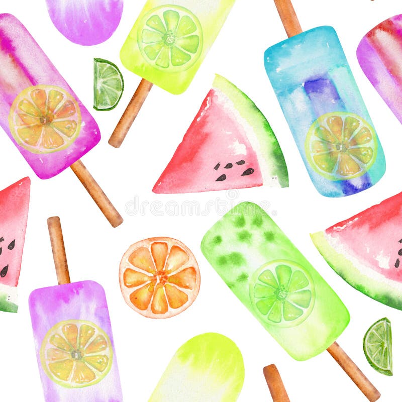 Ice cream, frozen juice, citrus and watermelon pattern, hand drawn in a watercolor on a white background