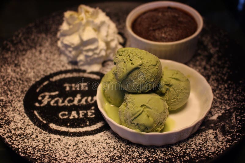 Ice Cream Green Tea with Chocolate Cake Editorial Photo Image of