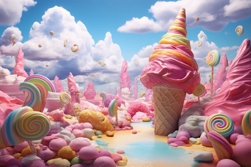 Ice Cream Heaven, Cartoon Illustration of an Ice Cream Waffle Cones Surrounded by Colorful