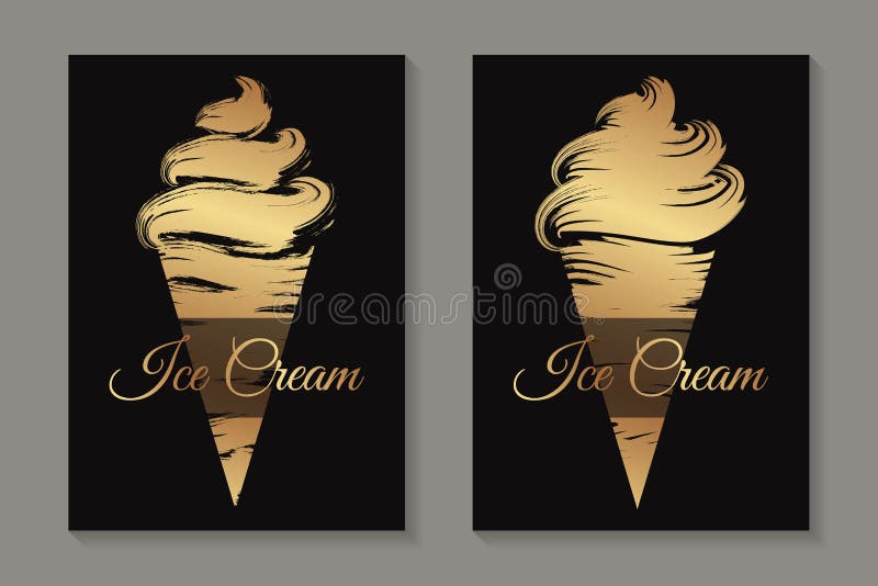 Ice cream icons with golden cones in a grunge style on a