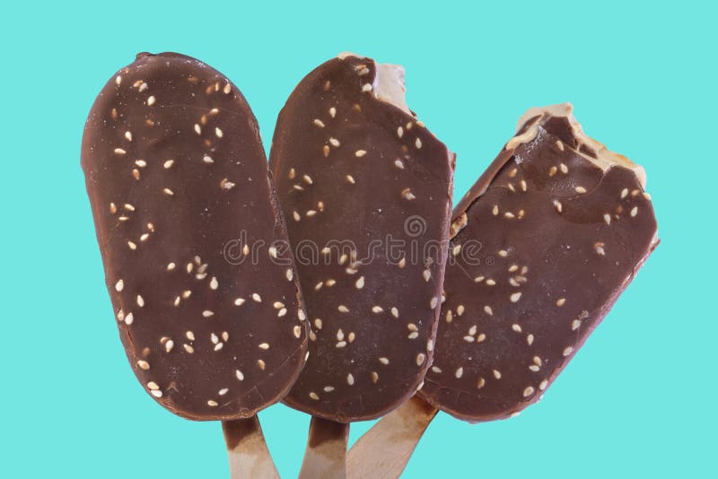 Ice cream are isolated by a close up on a blue background