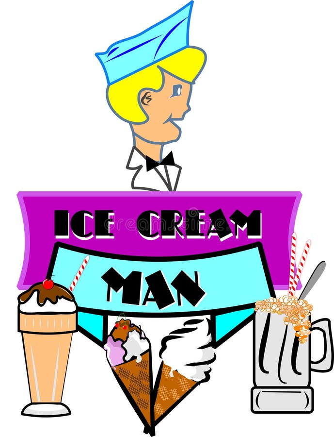 Happy Smiling Ice Cream Seller with Cart Retro Stock Vector