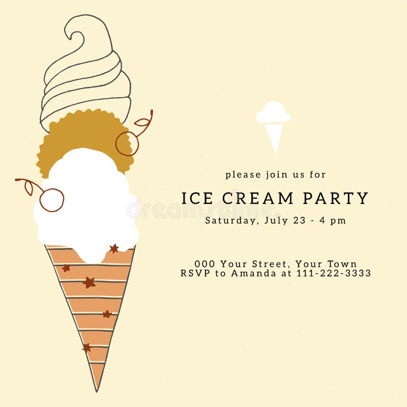 Ice Cream Party Invitation Template With Vector Illustration Big Hand Drawn Dessert Stock Vector Illustration Of Cream Birthday 167685442
