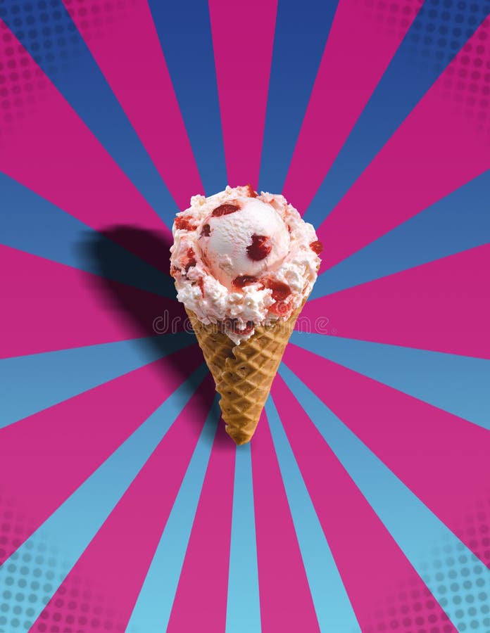 Image of an ice cream cone on a pop art pink and blue background. Image of an ice cream cone on a pop art pink and blue background.