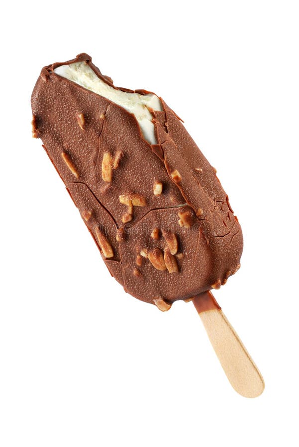 Bitten vanilla ice cream popsicle with chocolate coating and almond isolated on white background
