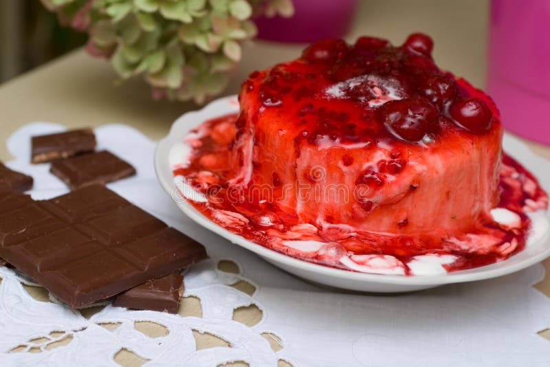 Icecream Poured with Cherry Jam. Stock Photo Image of frozen, piece