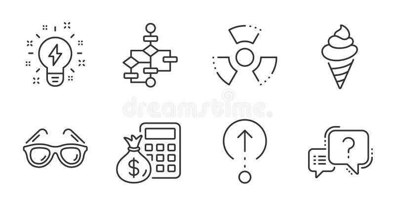 Ice cream, Question mark and Block diagram icons set. Finance calculator, Sunglasses and Swipe up signs. Vector stock illustration