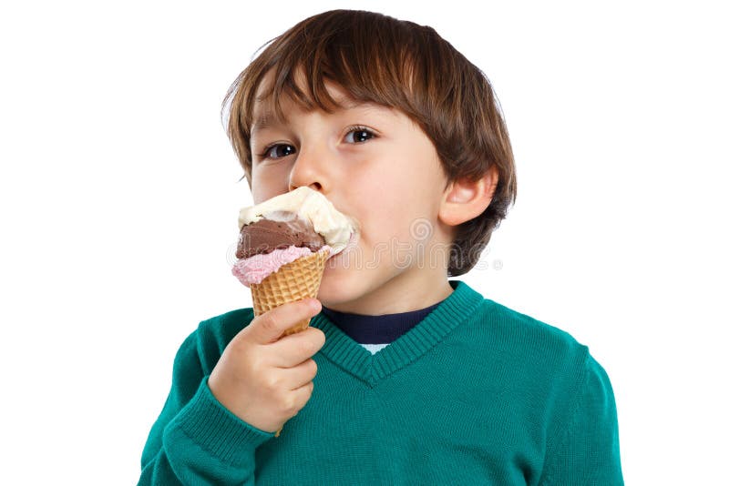 Ice cream scoop cone eating boy child kid summer isolated on a white background. Ice cream scoop cone eating boy child kid summer isolated on a white background