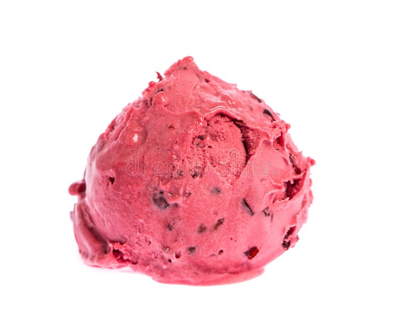 Ice cream: A scoop of ice cream with red fruit pieces isolated on white background - front view.

Real edible ice cream - no artificial ingredients used