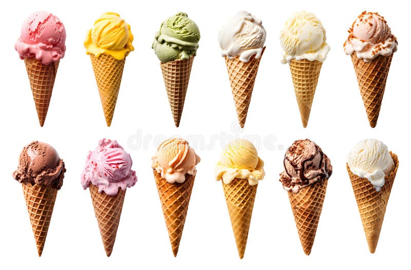 Ice cream scoop on waffle cone on transparent background cutout, PNG royalty free illustration