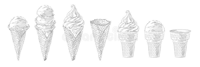 Ice-cream scoops in waffle cones with assorted balls of vanilla, citrus, strawberry, mint, chocolate. Vector realistic vector illustration