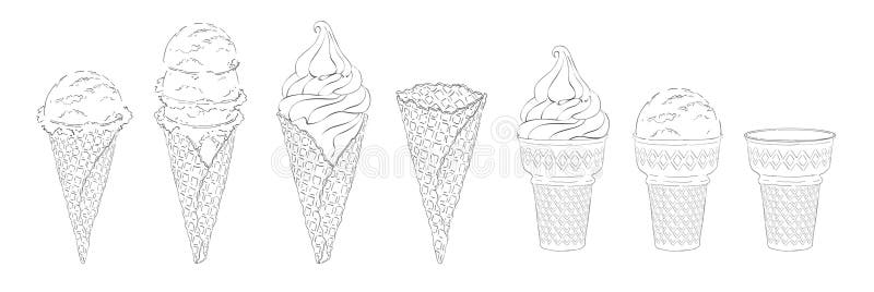 Ice-cream scoops in waffle cones with assorted balls of vanilla, citrus, strawberry, mint, chocolate. Vector realistic stock illustration