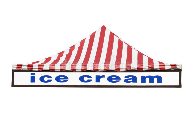 Ice cream sign with blue letters on a white background, below a red and white striped pointed tent top. Isolated on white. Ice cream sign with blue letters on a white background, below a red and white striped pointed tent top. Isolated on white.