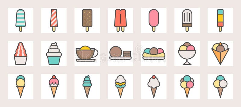 Ice cream, soft serve,ice shave, scoop in crape and popsicle filled color line icons