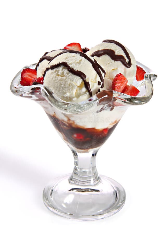 Ice Cream With Strawberries And Chocolate Sauce Stock Photo Image of