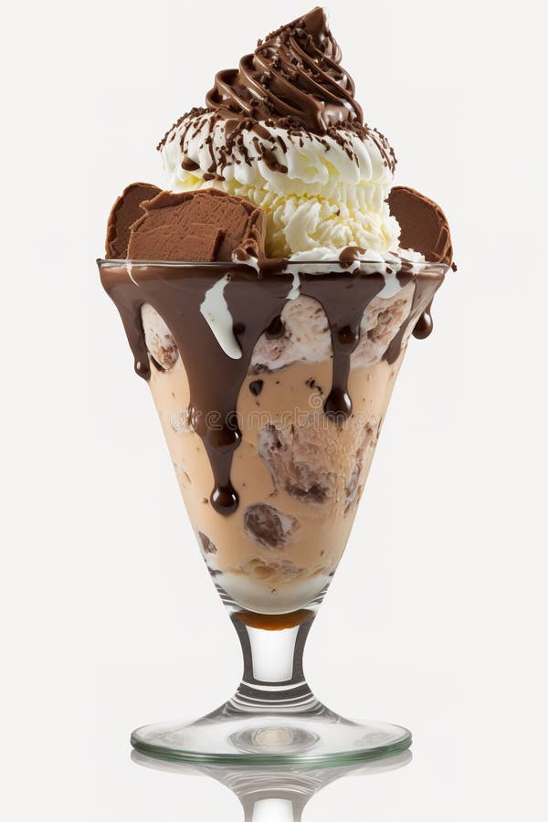 ice cream sundae scoops in glass bowl cup and wafer with chocolate sauce, Vanilla, Strawberry, Delicious cream dessert