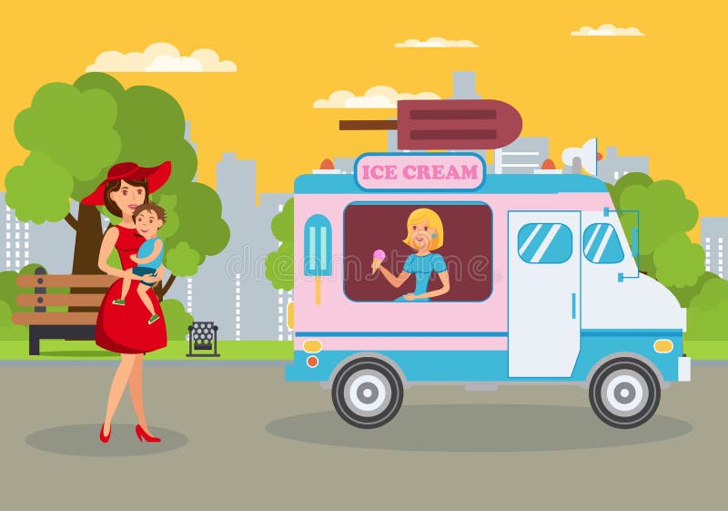 Cartoon  Ice  Cream  Car  With The Seller Stock Vector 