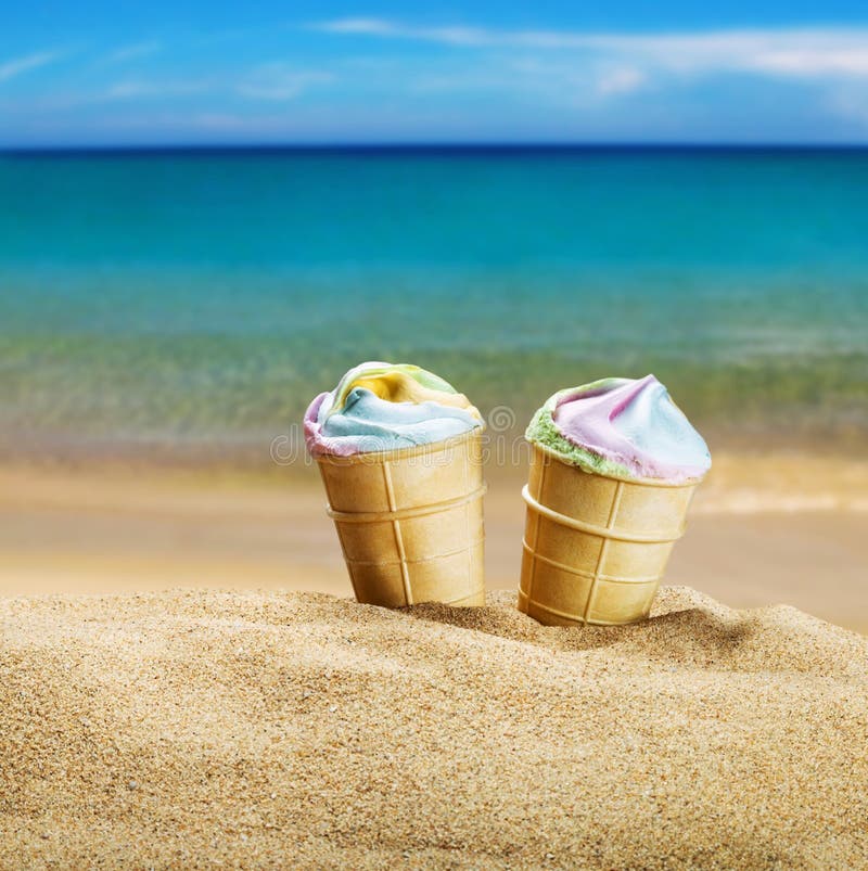 Ice Cream in a Waffle Cup on the Sand on the Beach Stock Image Image