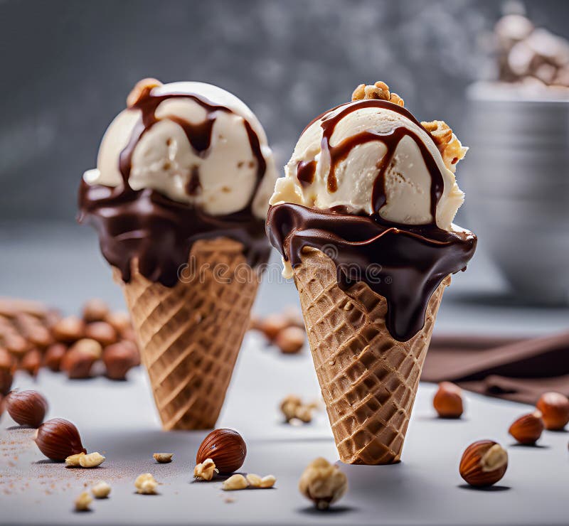 Closeup of hazelnut ice cream in cone, on dark table background The character and all objects are fictitious, the image was. Ice cream in waffle cups with chocolate and hazelnuts The character and all objects are fictitious, the image was created using the neural network Fooocus v2