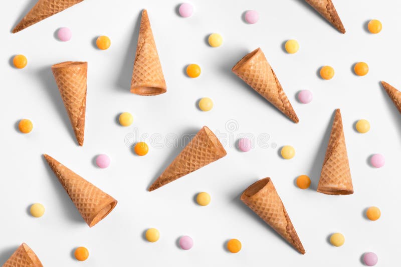 Ice Crean Cones and Candy Lay Flat Image Wallpaper Stock Photo - Image